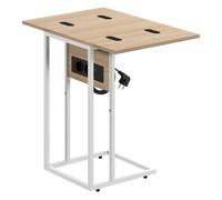 HOMCOM Mesa Auxiliar con Encimera Plegable, Estación de Carga, Mesa Auxiliar para Sofá, Forma de C, con Puerto USB y USB-C, para Salón, Dormitorio, 39x29x57 cm, Blanco y Natural