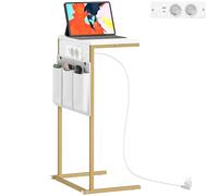 HOMCOM Mesa Auxiliar con Estación de Carga Mesa para Sofá con 2 Puertos USB 1 Puerto USB-C y Bolsillo Organizador Mesita Auxiliar para Salón Dormitorio Blanco