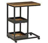 HOMCOM Mesita Auxiliar Industrial Mesa Auxiliar en Forma de C con Ruedas Estantes Abiertos y Marco de Acero para Salón Dormitorio 51x33x66 cm Marrón Oscuro