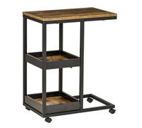 HOMCOM Mesita Auxiliar Industrial Mesa Auxiliar en Forma de C con Ruedas Estantes Abiertos y Marco de Acero para Salón Dormitorio 51x33x66 cm Marrón Oscuro