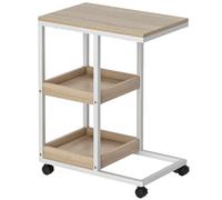 HOMCOM Mesa Auxiliar en Forma de C con Ruedas Estantes Abiertos y Marco de Acero para Salón Dormitorio 51x33x66cm Natural y Blanco