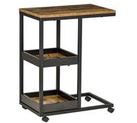 HOMCOM Mesa Auxiliar en Forma de C con Ruedas Estantes Abiertos y Marco de Acero para Salón Dormitorio 51x33x66cm Marrón Oscuro