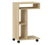HOMCOM Mesa Auxiliar Multifuncional en Forma de C Mesa Auxiliar para Sofá con Ruedas Compartimentos Abiertos Mesa Lateral para Sofá Salón Dormitorio Oficina 40x30x69 cm Roble