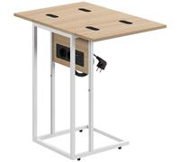 HOMCOM Mesa Auxiliar para Sofá con Encimera Plegable y Estación de Carga Forma de C para Salón Blanco y Natural