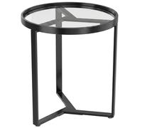 HOMCOM Mesa auxiliar redonda con tablero de vidrio templado y estructura metálica geométrica para espacios pequeños, negro