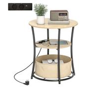 HOMCOM Mesa Auxiliar Redonda de 3 Niveles con Estación de Carga, Mesita Auxiliar Industrial con 2 Estantes Abiertos, Bolsa de Almacenaje, para Salón, Dormitorio, Librería, Ø50x55,1 cm, Madera Natural