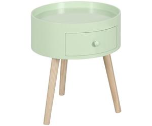 HOMCOM Mesa baja - Mesita de noche - Mesa de noche redonda - Diseño escandinavo, mesa auxiliar con cajón, patas cónicas inclinadas, madera maciza, verde