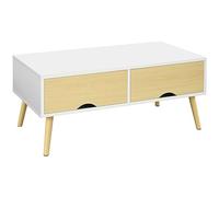 HOMCOM Mesa baja rectangular con 2 cajones y 1 compartimento abierto 4 patas inclinadas madera - 90 x 48 x 39 cm - blanco y natural