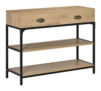 HOMCOM Mesa Consola con 2 Cajones, Marco de Acero 100x35x79,2 cm Roble