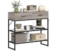 HOMCOM Mesa Consola de Entrada con 2 Cajones, 2 Estantes de Malla y Gancho Lateral, Mesa Consola de Madera y Metal, Mesa de Entrada para Dormitorio, 100x35x92 cm, Color Madera Gris Claro