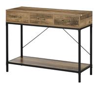 HOMCOM Mesa Console, mesa de entrada, punta de sofá, marco de acero al carbono, montaje fácil, con 3 cajones y 1 bandeja de aspecto madera, diseño industrial, 100 x 35 x 76,5 cm, marrón claro