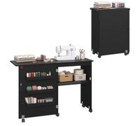 HOMCOM Mesa Costura Plegable, Armario, Máquina, Hilo y Ruedas, Negro | Mesa plegable 2 en 1 para costura y manualidades, con estante abierto y ruedas, también como escritorio pequeño