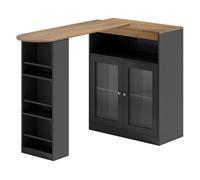 HOMCOM Mesa de Bar Extensible y Giratoria 90°, Mesa Alta Cocina con Estantes Abiertos y 2 Puertas de Vidrio para Comedor, 150x80x105,5 cm, Negro y Natural