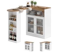 HOMCOM Mesa de Bar Extensible y Giratoria 90°, Mesa Alta Cocina con Estantes Abiertos y 2 Puertas de Vidrio para Comedor, 150x80x105,5 cm, Blanco y Natural
