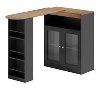 HOMCOM Mesa de Bar Extensible y Giratoria 90°, Mesa Alta Cocina con Estantes Abiertos y 2 Puertas de Vidrio para Comedor, 150x80x105,5 cm, Negro y Natural