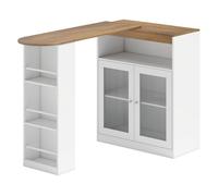 HOMCOM Mesa de Bar Extensible y Giratoria 90°, Mesa Alta Cocina con Estantes Abiertos y 2 Puertas de Vidrio para Comedor, 150x80x105,5 cm, Blanco y Natural
