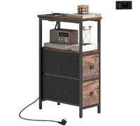 HOMCOM Mesa de café/lateral con carga estrecho marrón rústico | Mesa de café con marco de acero, 2 cajones de tela, estante abierto, toma de corriente y USB-C, para espacios pequeños.