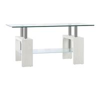 HOMCOM Mesa de café Moderna 2 Niveles Madera y Acero, 90x50x42 cm, Blanco | Mesa auxiliar de vidrio templado, mesa de sofá, mesa de café para salón