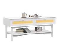 HOMCOM Mesa de café rectangular con 2 cajones y estante, mesa baja Boho de ratán y madera, 120 x 50 x 50 cm, blanco y color madera