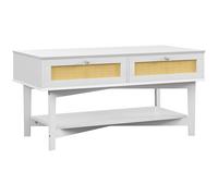 HOMCOM Mesa de Centro Blanca Mesa Baja con 2 Cajones Decorativos de Ratán y Estante de Almacenamiento 100x50x50 cm Aosom España