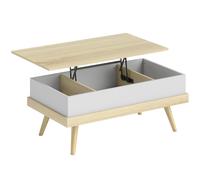 HOMCOM Mesa de Centro Elevable con 3 Compartimientos de Almacenaje Ocultos y Patas de Madera 100x79x54 cm Natural y Blanco