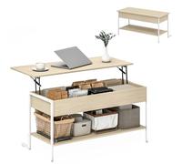 HOMCOM Mesa de Centro Elevable Mesa de Café con Cierre Suave Espacio Oculto de Almacenaje y Estante Abierto 95x40x59 cm Natural y Blanco
