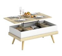 HOMCOM Mesa de Centro Elevable, Mesita de Salón con 3 Compartimientos de Almacenaje Ocultos y Patas de Madera, Mesa de Café para Oficina, Dormitorio, 100x79x54 cm, Natural y Blanco