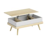 HOMCOM Mesa de Centro Elevable, Mesita de Salón con 3 Compartimientos de Almacenaje Ocultos y Patas de Madera, Mesa de Café para Oficina, Dormitorio, 100x79x54 cm, Natural y Blanco