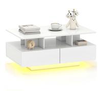 HOMCOM Mesa de Centro LED Moderna Mesa de Café Brillante con 4 Cajones Estante Abierto y Luces LED de 16 Colores para Salón 90x55x41 cm Blanco Brillo