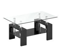 HOMCOM Mesa de centro moderna de 2 niveles en madera y acero con tablero de vidrio templado, 90x50x42 cm, Negro Aosom España