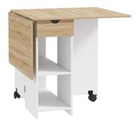 HOMCOM Mesa de Cocina Plegable con Ruedas Alas Abatibles Cajón y Estantes para 2-4 Personas 120x72x75 cm Roble y Blanco