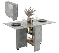 HOMCOM Mesa de comedor plegable, mesa de cocina abatible con ruedas de freno, para 4-6 personas, escritorio plegable con estantes, para salón, 140 x 80 x 74 cm, gris cemento