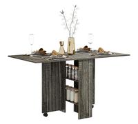 HOMCOM Mesa de Comedor Plegable, Mesa de Cocina Plegable para 6 Personas, Escritorio Que Ahorra Espacio con 2 Estantes Abiertos y Ruedas con Freno, para Salón, Oficina, 140x75x74cm, Gris