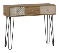 HOMCOM Mesa de Consola Mesa de Sofá con 3 Cajones con Patas de Acero Tipo Horquilla Estilo Bohemio Natural