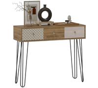 HOMCOM Mesa de Consola, Mesa de Sofá con 3 Cajones, Consola para Recibidor Estrecha con Patas de Acero Tipo Horquilla, para Salón, Pasillo, Entrada, Natural