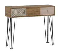 Homcom mesa de consola, mesa de sofá con 3 cajones, consola para recibidor estrecha con patas de acero tipo horquilla, para salón, pasillo, entrada, natural 30 cm