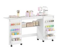HOMCOM Mesa de coser plegable, mueble para máquina de coser con ruedas con 2 puertas magnéticas, 4 contenedores, 20 ganchos y estante de almacenamiento, muebles de máquina de coser para sala de estar