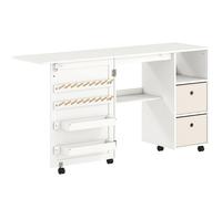 HOMCOM Mesa de Costura Plegable con 6 Ruedas 18 Clavijas para Hilos Mesa auxiliar con 2 Cajones de Tela y 3 Compartimentos Blanco Aosom España
