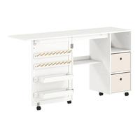 HOMCOM Mesa de Costura Plegable con 6 Ruedas, 3 Compartimentos Blanco | Mueble para Máquina de Coser, 18 Clavijas para Hilos, 2 Cajones de Tela, Tomas Corriente, Armario de Costura