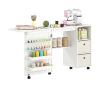 HOMCOM Mesa de Costura Plegable con 6 Ruedas, Mueble para Máquina de Coser con 18 Clavijas para Hilos, 2 Cajones de Tela, 3 Compartimentos, Tomas Corriente Armario de Costura para Estudio Salón Blanco