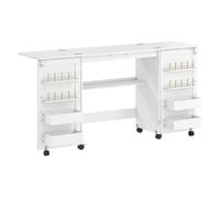 HOMCOM Mesa de Costura Plegable con 6 Ruedas, Mueble para Máquina de Coser con 20 Clavijas para Hilos, 4 Compartimentos, Estante, Armario de Costura para Estudio, Salón, Dormitorio, Blanco