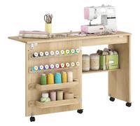 HOMCOM Mesa de Costura Plegable con Puerta Magnética, Estante, Natural