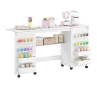 HOMCOM Mesa de Costura Plegable con Ruedas 2 Puertas Magnéticas Blanco | Mueble Costura, 4 contenedores, 20 ganchos, estante de almacenamiento, mueble máquina de coser para salón, oficina, estudio