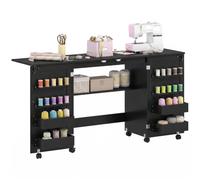 HOMCOM Mesa de Costura Plegable con Ruedas y 2 Puertas Magnéticas Negro | 4 contenedores, 20 ganchos, estante almac., armario costura, armario máquina coser, para sala estar, oficina, estudio