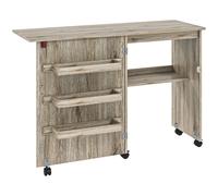 HOMCOM Mesa de costura plegable mueble costura abatible con cubetas de almacenamiento, estante abierto y ruedas efecto madera gris