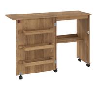 HOMCOM Mesa de costura plegable mueble de costura con tablero abatible y compartimentos de almacenamiento, estantería abierta y ruedas, marrón