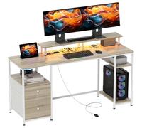 HOMCOM Mesa de Escritorio con Luces LED Estantes 155,5x48x88,5 cm Natural | Mesa de Ordenador, Cajones, Tomas de Corriente, Puertos USB, Soporte para Monitor, Oficina, Estudio