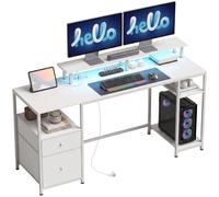 HOMCOM Mesa de Escritorio con Luces LED y Estantes 155,5x48x88,5 cm Blanco | Mesa de Ordenador, Cajones, Tomas de Corriente, Puertos USB, Soporte para Monitor, para Oficina Estudio