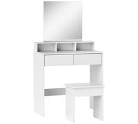 HOMCOM Mesa de maquillaje con espejo, 3 estantes, 2 cajones y taburete, de madera, 75x38x135 cm, Blanco Aosom España