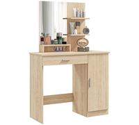 HOMCOM Mesa de Maquillaje con Espejo, Estación de Maquillaje con Cajón, Armario, Estantes Abiertos y Estante Ajustable, Mesa de Aseo para Dormitorio, Moderna, 90x38x138 cm, Color Madera